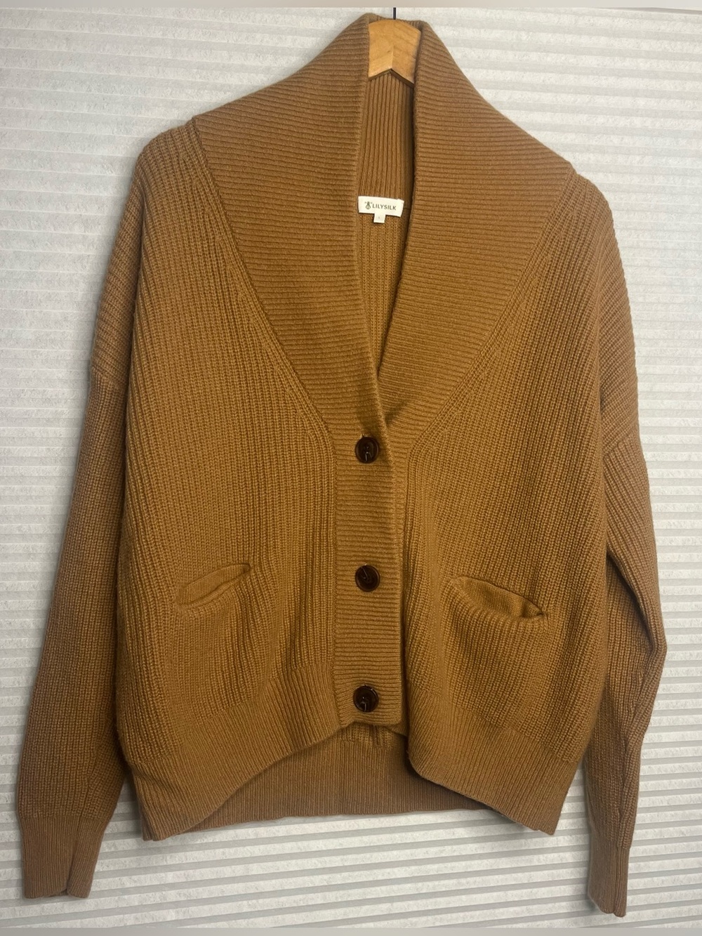 Lilysilk Wool-Cashmere Blend Shawl Collar Cardigan Brown Size Large Cozy Soft - Picture 9 of 9